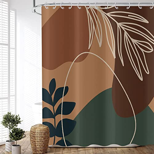ASDCXZ Rideau de Douche Style Boho 165x180 cm, Art Abstrait Moderne Feuilles Circulaire irrégulière Vert foncé Marron Lavables Rideau Douche imperméable en Textile pour Baignoire avec 12 Crochets