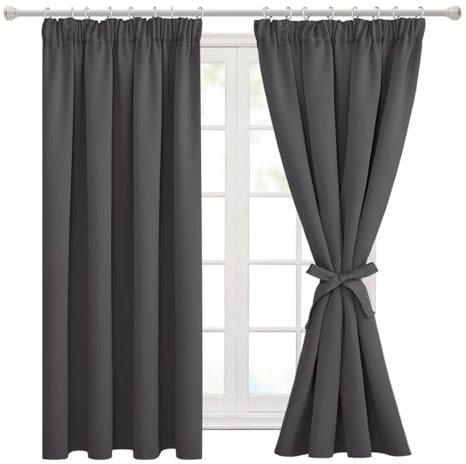 Hiasan Dark Grey Blackout Curtains for Bedroom Curtain & Drapes Curtain for Living Room Pencil Pleat Thermal Curtains 46 x 54 Inch with Tiebacks