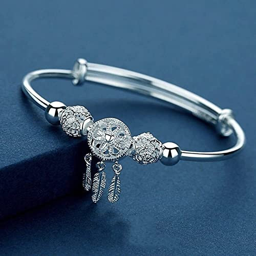 AVFORA Silver Bracelet,925 Sterling Silver Chain Bracelet, Women Sterling Silver Bracelet Dreamy Dream Catcher Adjustable Cuff Bangle Friendship Bracelets Gift S999 Silver Jewellery