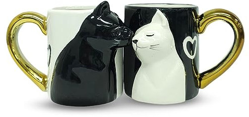 JVSupply Couple Gifts Cute Kissing Cat Mug Set Matching Couples Gold Ceramic Coffee Mug Set Couple Gifts for Wedding Anniversary Engagement Gifts for Cat Lovers 14oz.