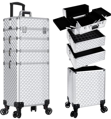 AROUS Rolling Makeup Train Case 4 in 1 Cosmetology Case on Wheels Large Storage Cosmetic Trolley with Key Salon Barber Case Traveling Cart Trunk, Silver, 4 in 1 Rolling Makeup Case