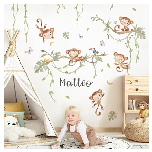 Grandora Wandtattoo Safari Tiere personalisiert Wandsticker mit Name Kinderzimmer Affen Baum Wandaufkleber Blätter Babyzimmer Schlafzimmer Wanddeko DL984-04