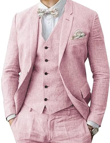 Abito da uomo in lino 3 pezzi formale da uomo d'affari blazer pantaloni abito con risvolti a tacca matrimonio testimoni dello sposo abbigliamento per feste, rosa, 54