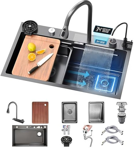 KOOGIMDDR - Juego de fregadero de cocina con encimera, led, 75 x 45 cm, con grifo de cascada, acero inoxidable, uso doméstico, lavavasos, tabla de cortar, escurreplatos y accesorios