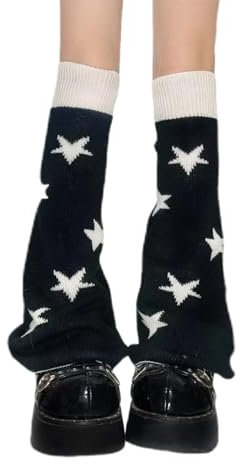 YANROSE Schwarz Und Weiß Beinwärmer Y2K Stern Beinlinge Harajuku Kawaii Beinwärmer Japanische Beinwärmer Socken Goth Lolita Knit Lange Socken Streetwear, Schwarz , One size