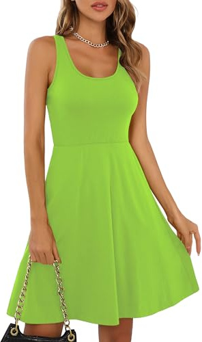 Missufe Freizeitkleid Sommerkleid Minikleid Tank Kleider Damen Rockabilly Kurzes Skaterkleid (Neon Grün, groß)