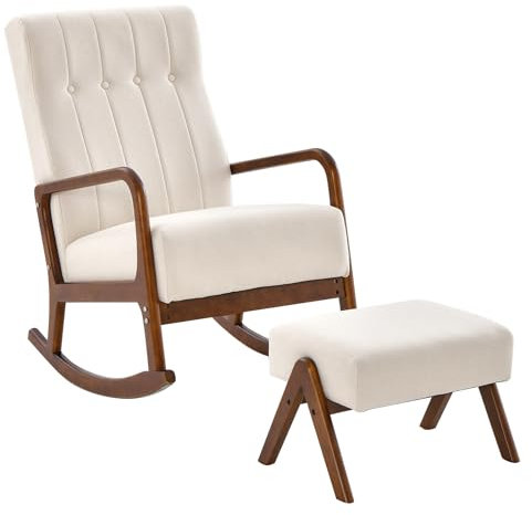 RELAX4LIFE Schaukelstuhl mit Ottomane, Schaukelsessel mit Liegefunktion, Schwingstuhl mit Armlehne, Gepolsterter Relaxsessel mit Holzrahmen, Relaxstuhl für Wohnzimmer Schlafzimmer (Beige)