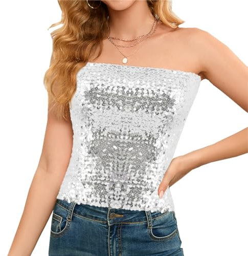 Segreto Damen Glitzer Pailletten Tube Top Sexy Ärmellos Y2K Bandeau Top Meerjungfrauen Trägerlos Lange Crop Top Silber