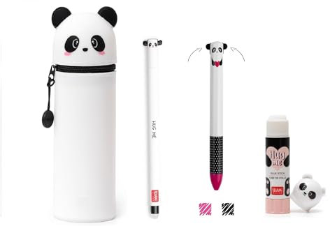 Legami - Kawaii - Astuccio 2 in 1 in Morbido Silicone + colla + penna cancellabile + penna click clack Tema Panda