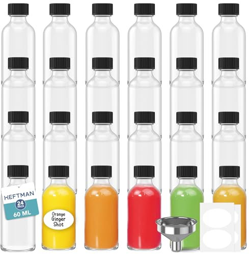 HEFTMAN Mini Botellas de Cristal con Tapas - Paquete de 24 Shots Botellitas de 60 ml con 3 Embudos y Etiquetas, Botellitas Pequeñas para Rellenar Reutilizables para Jugos, Aceites, Licores y Salsas