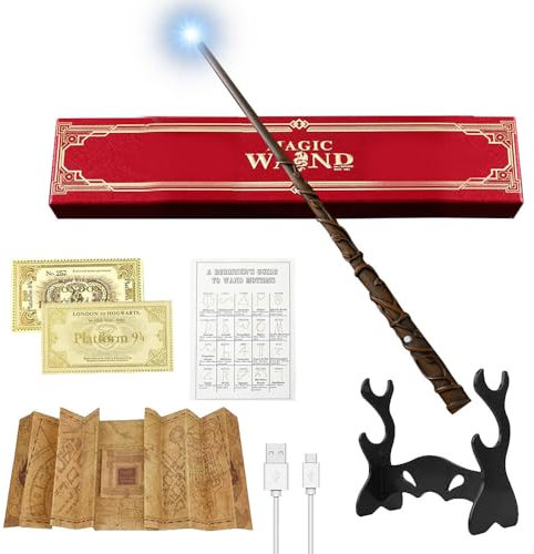 CJBIN Baguette Hermione Granger Lumineuse, Chargement USB, Coffret Cadeau avec Carte de Sort, Ticket de Gare, Carte et Étagère