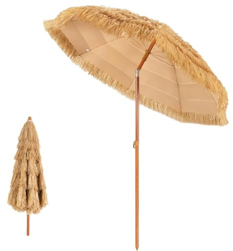 SPOTRAVEL 1.8m/1.9m/2m Hawaii Parasol, Folding Tilting Hula Thatched Umbrella with 8 Ribs, Outdoor Straw Tropical Sunshade for Garden Patio Balcony Poolside (180 x 206cm, without Carry Bag)