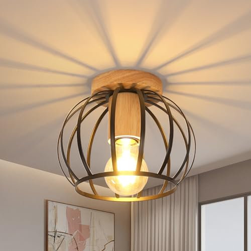 Comely Deckenleuchte Vintage, Industrial Deckenlampe E27 in Käfigform, Kronleuchter Modern Metal mit Holzsockel für Flur Schlafzimmer Küche Balkon Eingang, Schwarz