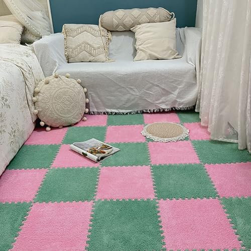10 Stück Puzzle-Teppich, Teppichfliesen, Puzzle-Spielmatte, Weiche Plüsch-Plüsch-Bodenfliesen, Ineinandergreifende Schaumstoffmatten, 30 X 30 cm(Size:0.39 inch,Color:Grün+Rosa)