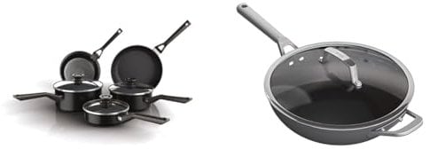 Ninja ZEROSTICK Classic 5-Piece Pan Set [CW55000UK] Aluminium Cookware & Ninja ZEROSTICK Premium Cookware 28cm Wok with Glass Lid, Long Lasting, Non-Stick, Hard Anodised