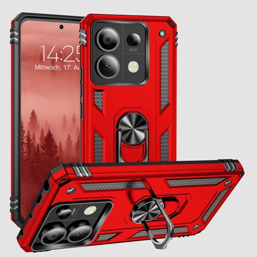 LBH Outdoor Hülle für Xiaomi Redmi Note 13 Pro 5G Armor Militär Stoßfest Handyhülle 360 Grad Metal Ring Halter Ständer Schutzhülle für Handyhalterung Auto Magnet Rot