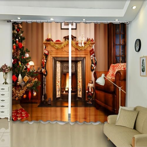Mtddyyds Blickdicht Gardinen Retro Haus Weihnachtsbaum Muster 234X214 Vorhang Blickdicht Ösenschal Verdunkelungsvorhang 3D Gardinen Schlafzimmer Wohnzimmer Thermovorhang Vorhänge 2Er Set