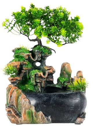 LANNADD Tischbrunnen, Zimmerbrunnen mit Steingarten und Künstlichen Bäumen Tischbonsai aus Harz Wohnzimmer Tischplatte Bonsai, Tischbrunnen Wasserfall Ohne Nebel, für Heimbüros und Schreibtische