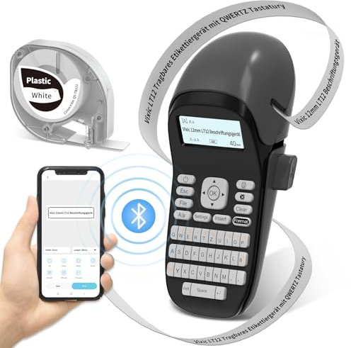 Vixic dispositivo di etichettatura portatile LT-12, dispositivo di etichettatura Bluetooth, stampante di etichette portatile con tastiera QWERTZ, ideale per ufficio, esterni e casa - Grigio