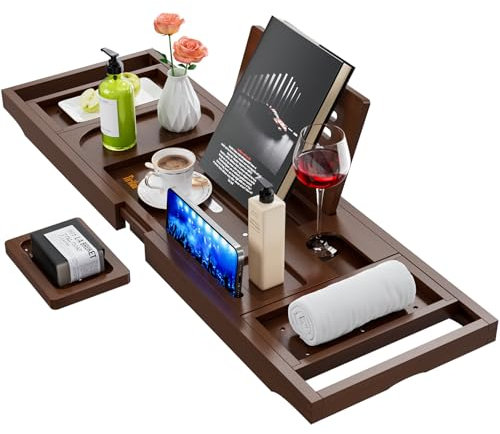 Bamboo Bath Tray, Adjustable Retractable Bath Caddy, Can Hold Books, Tablets, Mobile Phones, Aromatherapy, Wine Glasses, Suitable For Most Wooden Bathtub Tray, Brown