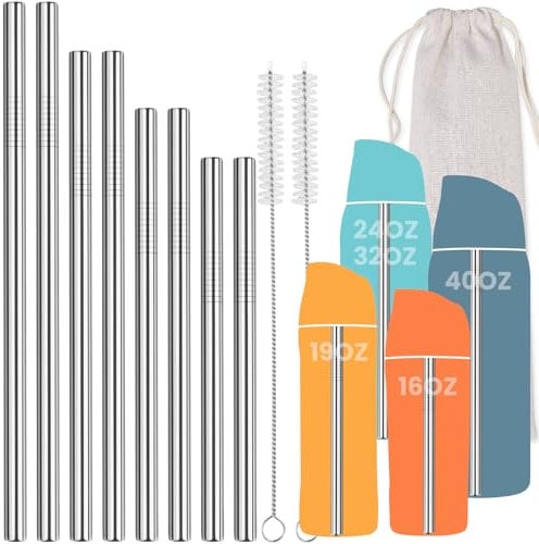 NiHome 8PCS Stainless Steel Straws for Owala Water Bottle, 4 Lengths Compatible with FreeSip 19oz 24oz 32oz 40oz, Tritan 25oz, Kids’ FreeSip 16oz, with Cleaning Brush & Travel Storage Bag (Silver)