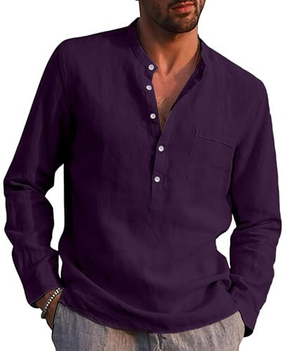 Rodawu Mens Linen Shirts Long Sleeve Casual Cotton Summer Beach Henley Shirt Tops Purple L