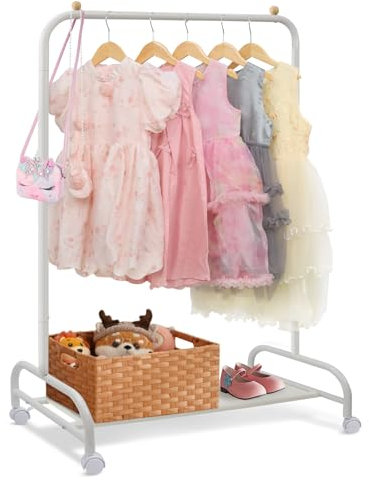 YGJT Appendiabiti Bambini con Ruote, Portabiti per Carico Pesante con Ripiani per Scarpe, Binario per Appendere Vestiti, Appendiabiti Resistente con Portascarpe per Bambini, Bianco