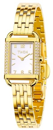 THCN HEBEi THCN0005 - Orologio da donna con 84 pietre di zirconia cubica con incastonatura a griffe CNC su cassa rettangolare, cinturino in acciaio inox placcato oro con doppia placcatura