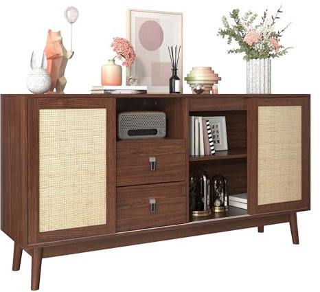 155cm L Kommode Sideboard mit 3 Schiebetüren aus Echtem Rattan und 2 Schubladen, Atmungsaktiv Rattanschrank，Stabil und Vielseitig Komodenschrank für Flur, Schlafzimmer, Wohnzimmer Möbel