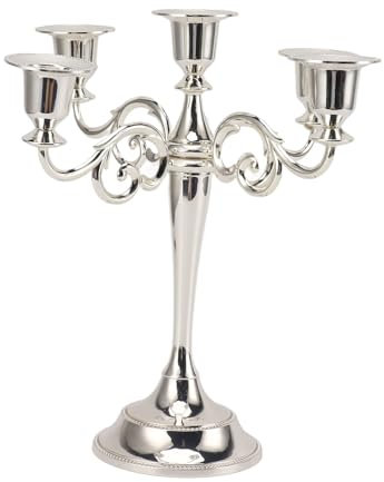 GRCFUMO Heavy Duty Cast Iron Candlestick Holder, Vintage Candelabra with 5 Arms, Decorative Pillar Candle Stand for Christmas Birthday Wedding Home Party (Silver)