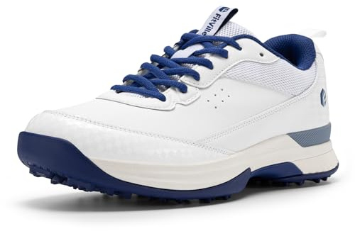 FitVille Men's Golf Shoes Extra Wide Fit Spiked Golf Shoes Comfortable Non Slip Outdoor Casual Sneakers Trainers White Navy Blue