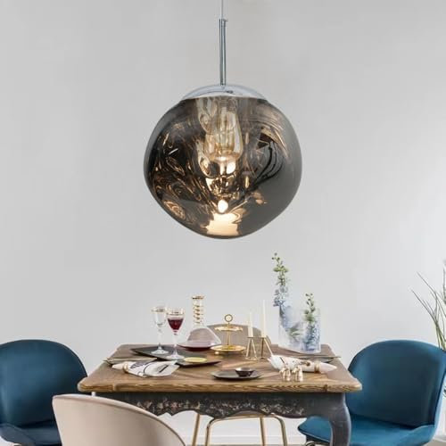 AHQX Lampadario LED Moderno con Attacco E27 | Altezza Regolabile per Tavolo da Pranzo/Camera | Luce Pendente Rotonda Irregolare a Effetto Specchio | Design con Effetto Lava e Finitura Metallica(Smoky