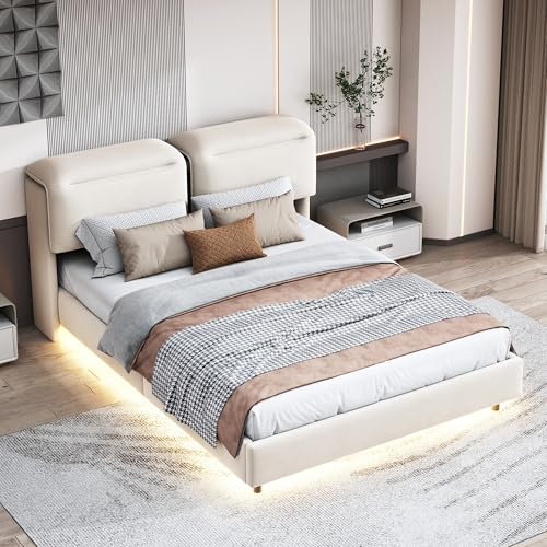 Gepolstertes Doppelbett 160x200 cm mit klappbarem Kopfteil, Bettrahmen mit Holzlattenrost, Jugendbett mit LED-Lichtleiste, Stauraum unter dem Bett, Hydraulikmechanismus, ohne Matratze, Bettwäsche