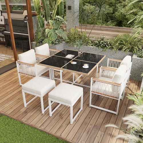 Merax 7-teiliges Garten-Essgruppe, Esstisch-Set für 6 Personen, Tisch mit gehärtetem Glas & PE-Rattan-Umwicklung, Stühle mit Akazienholz-Armlehnen, Für Garten & Terrasse,Weiß, Schwarz, Holz