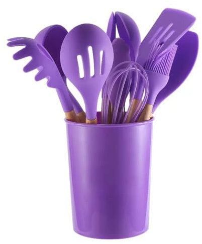 12-teiliges Silikon-Kochutensilien-Set mit Holzgriff, Küchenhelfer, Antihaft-Kochgeschirr, Spatel, Schaufel, Ei, Küchengeschirr, Schlägel (lila)