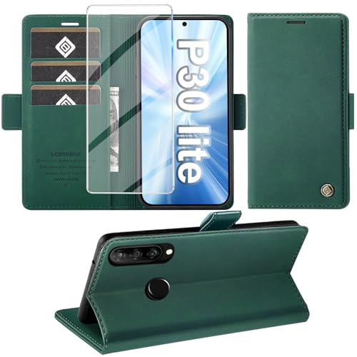 Giyer Cover per Huawei P30 Lite Custodia con Vetro Temperato, Premium Pelle PU Portafoglio Slot per Scheda RFID Antifurto Funzione Supporto Flip Case, Antiurto per Huawei P30 Lite 5G Cover (Verde)