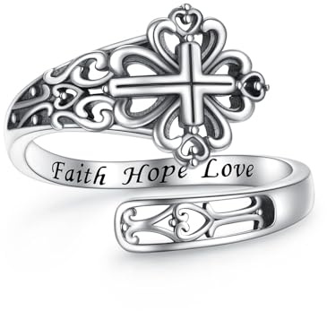 Flyow 925 Sterling Silver Cross Spoon Ring Boho-chic Oxidation Thumb Rings Engraved Faith Hope Love Unique Adjustable Vintage Ring for Women Birthday Christmas