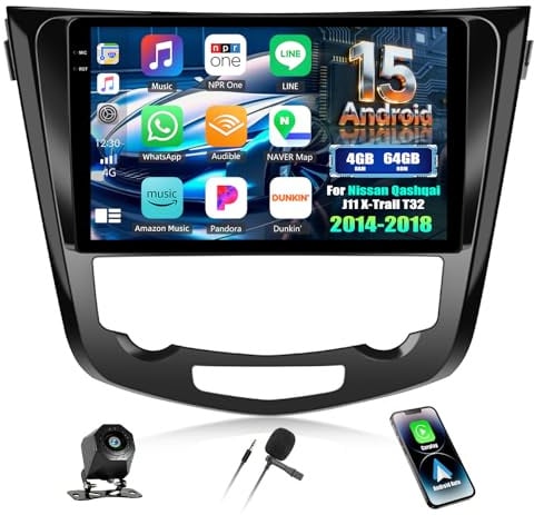 CAMECHO 4+64G 10 Zoll Android 15 Autoradio für Nissan Qashqai J11 X-Trail T32 2014-2018 mit Wireless Carplay Android Auto, GPS Navi Radio Touchscreen HD mit Bluetooth WiFi RDS FM +Rückfahrkamera