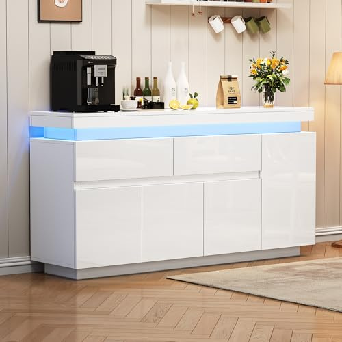 Jaxenor High Gloss Sideboard with 4 Doors and 2 Drawers, White | Modern Storage Cabinet with App-Controlled LED Lights, Storage Sideboard for Living Room, Entryway, Hallway(140x35x72.5cm)