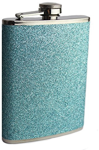 Prime Homewares 8oz Stainless Steel Plain Glitter Hip Flask Ladies Whisky Flasks (Turquoise Glitter)