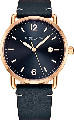 Stuhrling Original Mens Watch Leather Or Bracelet Watch Band Silver Dial with Date Minimalist Style 38mm Case - 3901 Watches for Men Collection (Blue)