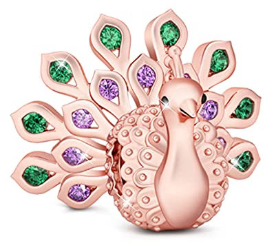 GNOCE Tier Charm Anhänger 925 Sterling Silber Bead Charms mit Zirkonia Charm Schmuck für alle Armbänder Halsketten Geschenke Bijouterie für Tierliebhaber Damen Mädchen Baby (Pfau)