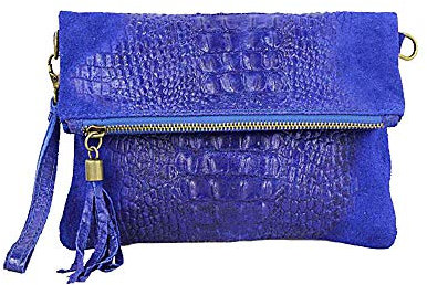 OBC Made in Italy Damen echt Leder Clutch Tasche Kroko Wildleder Handtasche Umhängetasche Ledertasche Schultertasche Fransen Cross-Over Royalblau