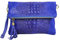 OBC Made in Italy Damen echt Leder Clutch Tasche Kroko Wildleder Handtasche Umhängetasche Ledertasche Schultertasche Fransen Cross-Over Royalblau