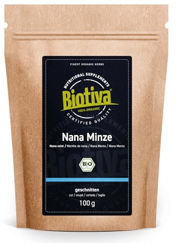 Nana Minze Bio 100g - Echte arbische Minze geschnitten - marokkanische Minze - ohne Füllstoffe - abgefüllt und kontrolliert in Deutschland - Biotiva