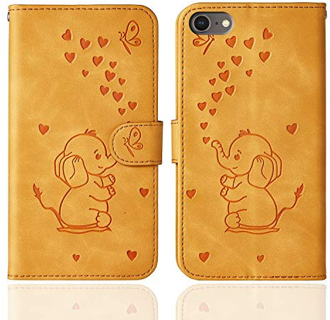 Ailisi für iPhone 7/iPhone 8/SE 2020/SE 2022 Hülle, Karikatur Elefant Muster Leder Handyhülle Brieftasche Schutzhülle Leder Flip Case Wallet Cover Klapphüllen Tasche Etui mit Kartenfächern -Gelb