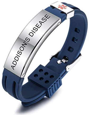 MOWOM Medical SOS Notfall Armband Personalisiertes Gravur Silikon Edelstahl Namensarmband Männer Damen Jungen Mädchen - Bündel mit Notfallkarte, Kartenhülle (Blau Addison's Disease)