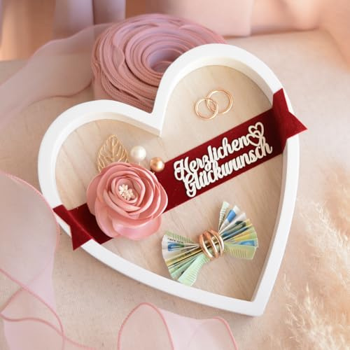 Herzförmiges Holztablett für Geldgeschenke, 20 x 20 x 2 cm | Hochzeitsgeschenk, Edles und Ausgefallenes Design, Hochwertig, Originelle und Elegante Präsentation