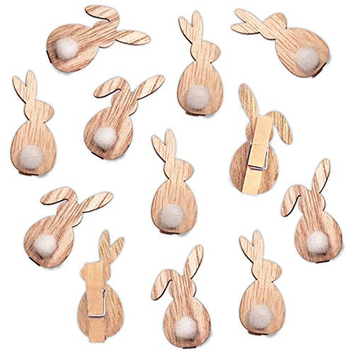 Papierdrachen 12 Holzklammern mit Hasenmotiv und Pompom zu Ostern - zum Dekorieren von Osternestern, Geschenken, Karten und mehr - für Kinder und Erwachsene - Wiederverwendbare Osterdekoration
