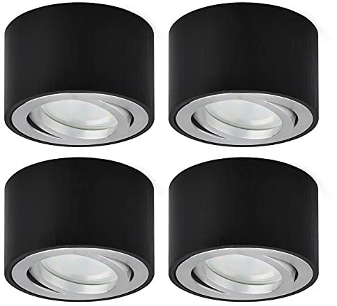 KYOTECH Focos LED Techo Orientables Pack de 4 - Plafón Superficie Con Bombilla 5W, Módulo LED Blanco Cálido 3000K, 400LM, Ronda Negro Cepillado Para Interior